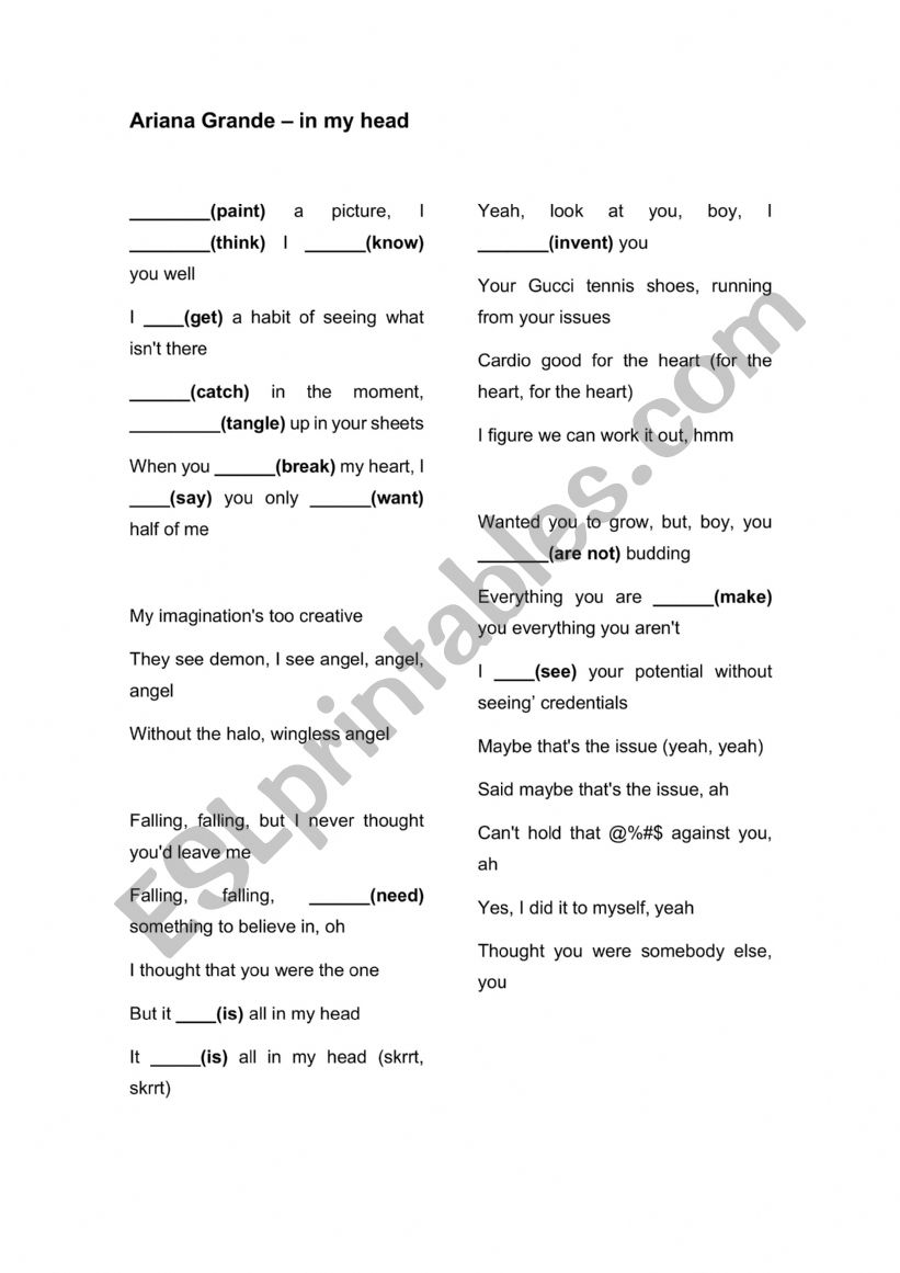 Simple Past Verbs Exercise (Ariana Grande - in my head)