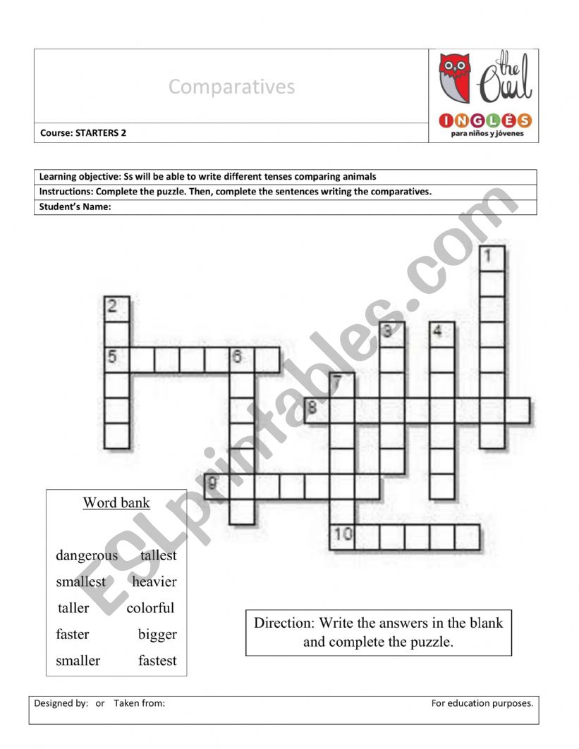 Crossword about comparatives  worksheet