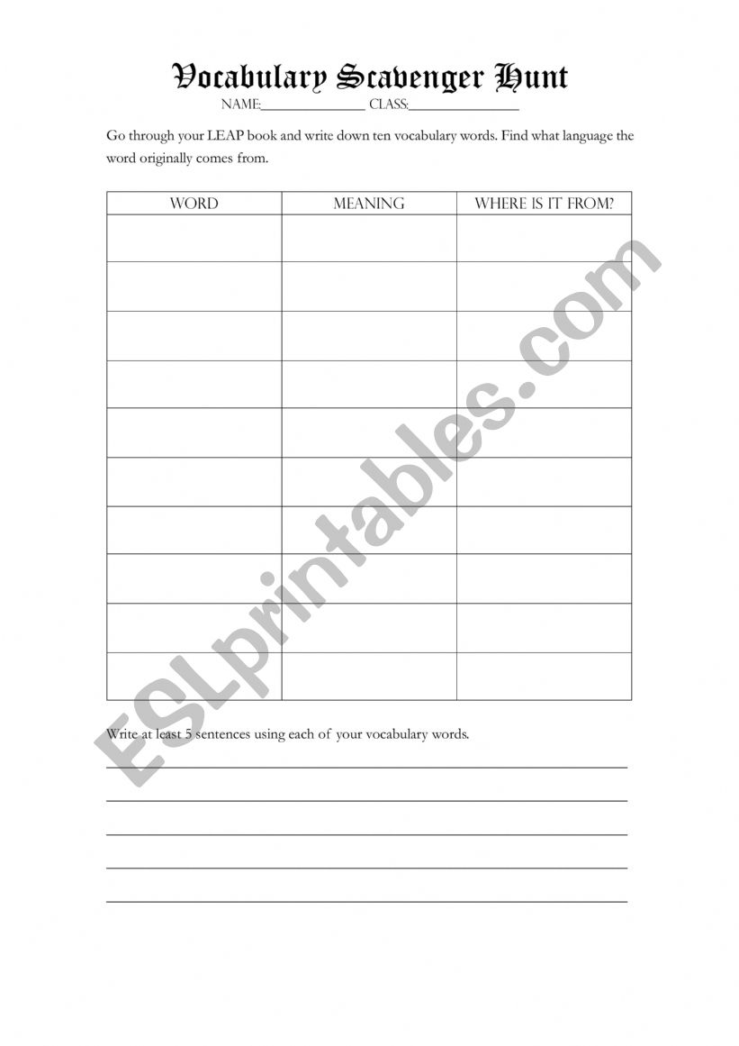 Vocabulary Scavenger Hunt worksheet