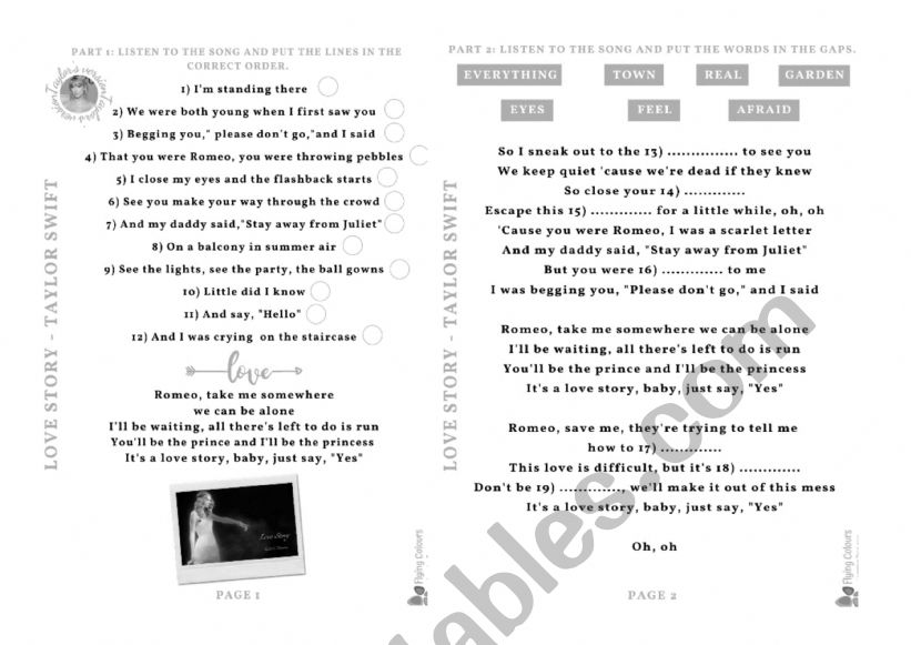 Love story by Taylor Swift worksheet
