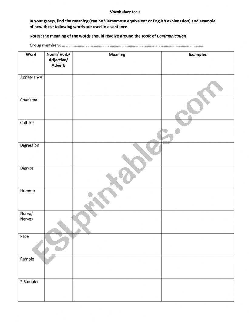 Vocabulary task worksheet