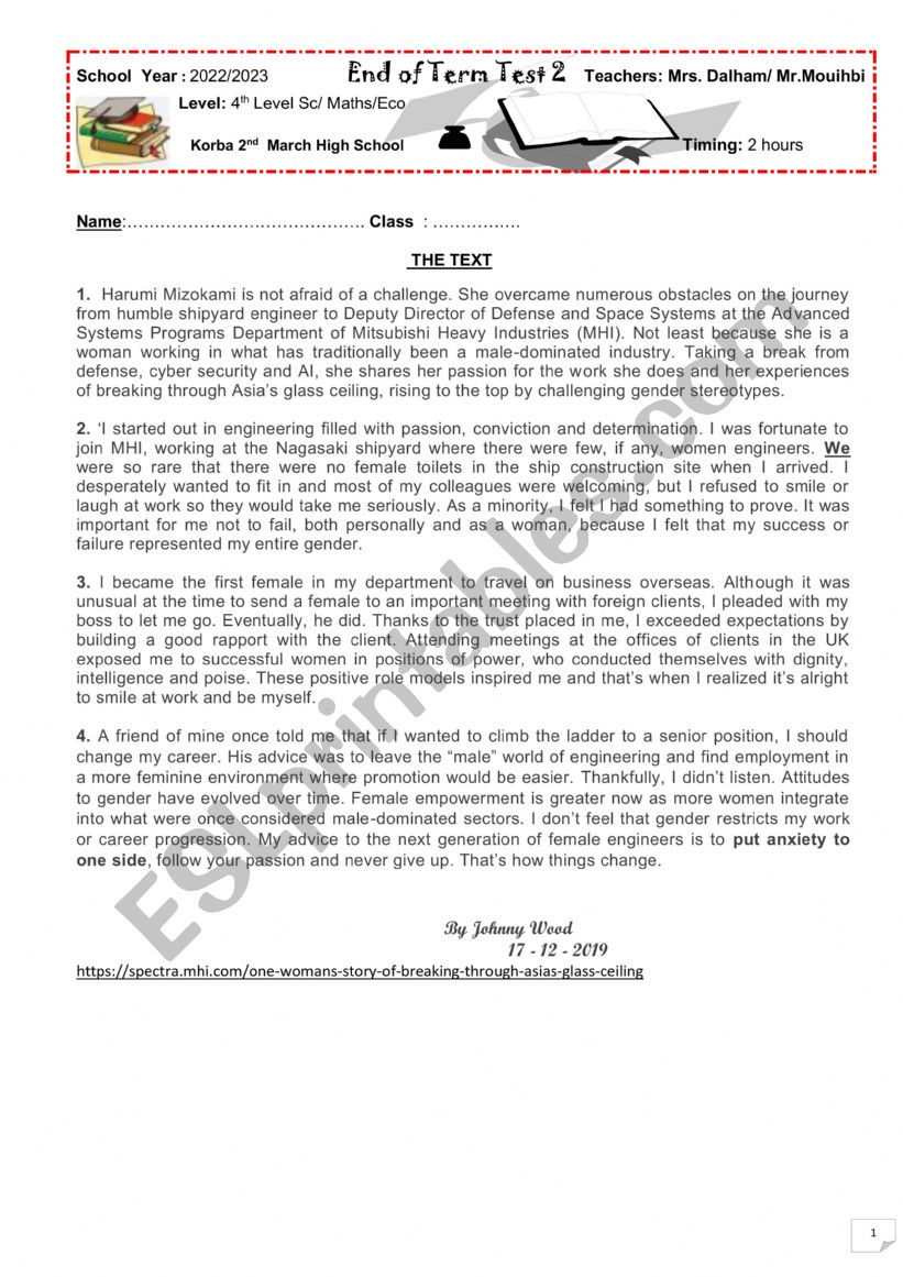 End of term test 2 worksheet