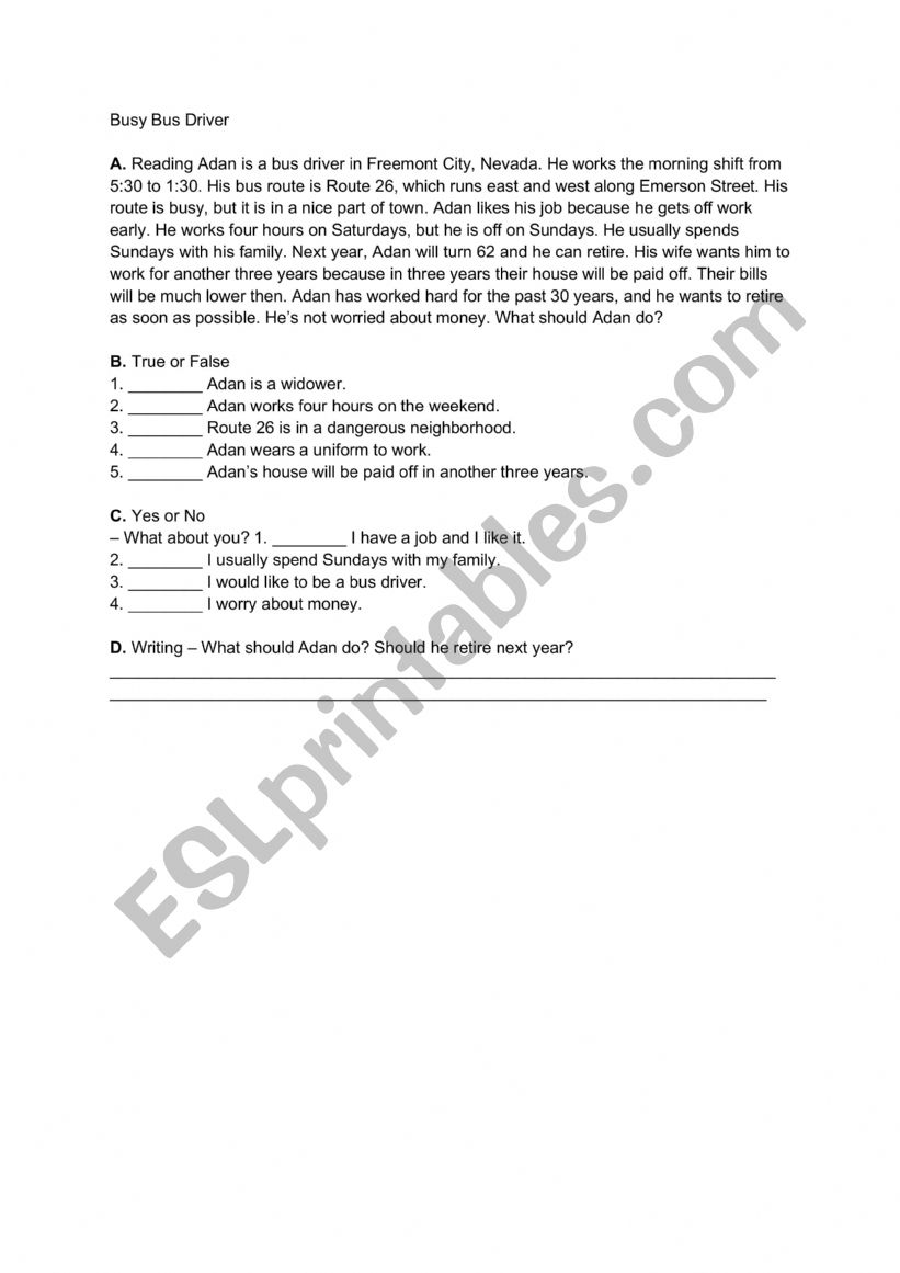 Busy Bus Driver worksheet