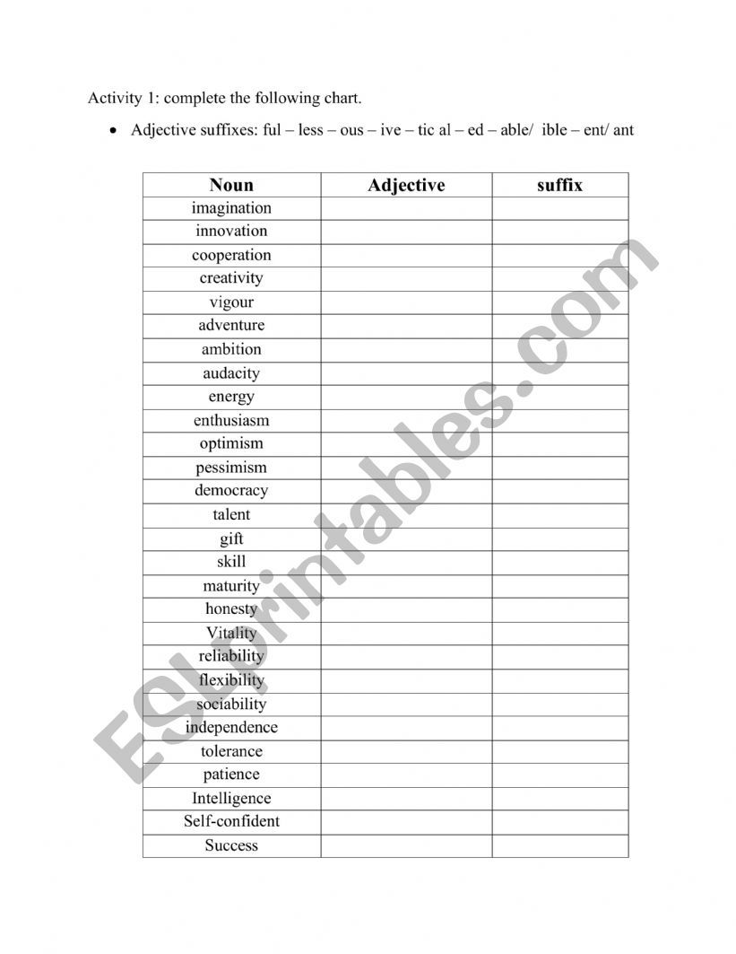 adjective suffixes worksheet