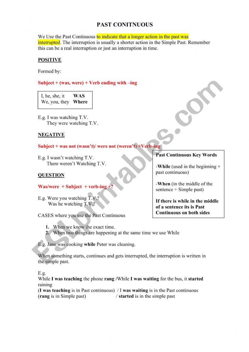 Past continuous worksheet