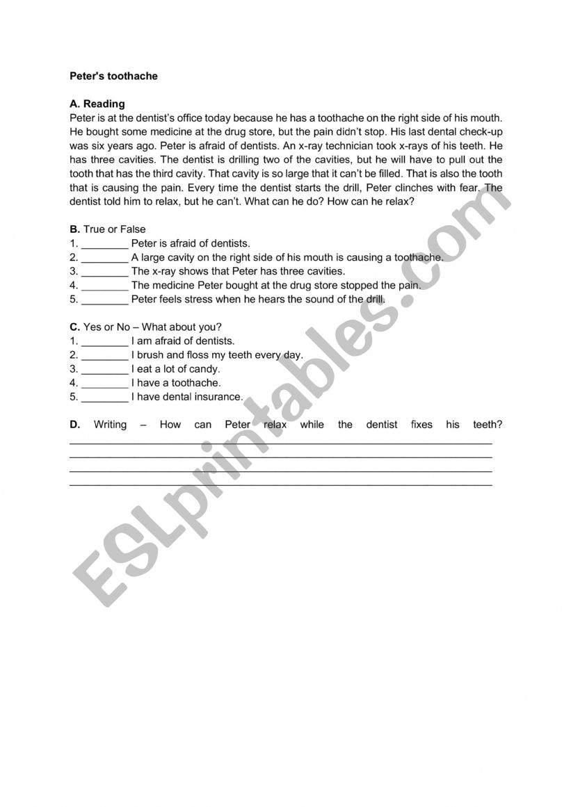 Peter�s toothache worksheet