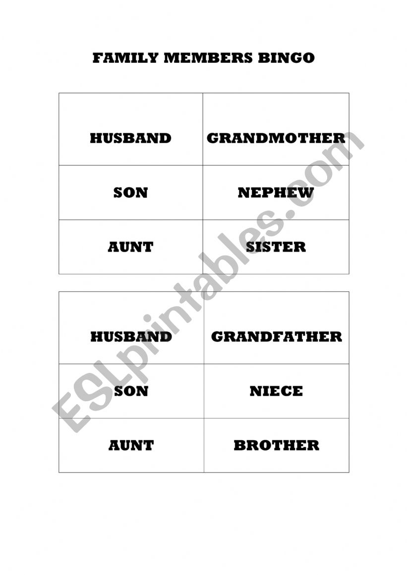 FAMILY MEMBERS BINGO worksheet