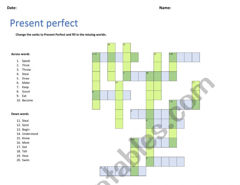 Present perfect grammar crossword