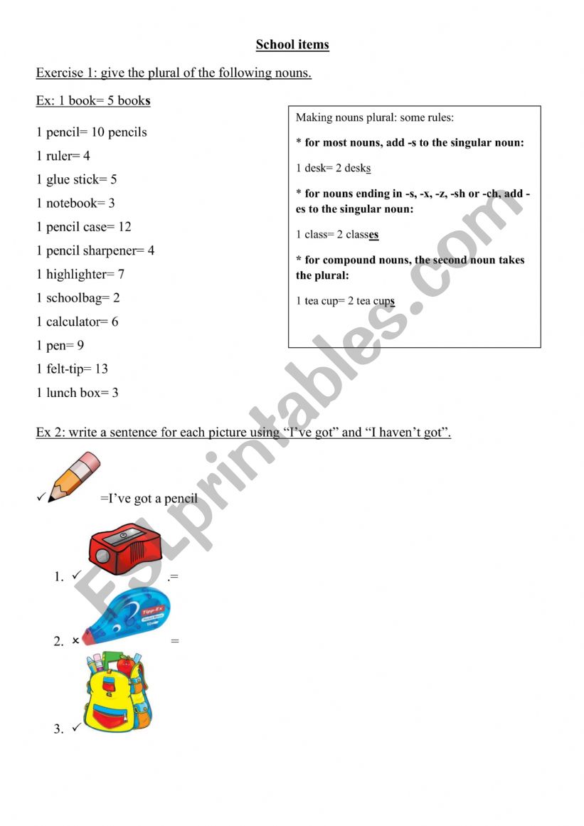 School items worksheet