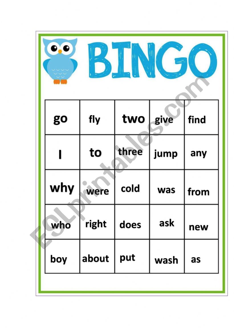 sight words bingo worksheet