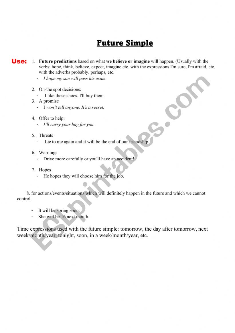 Future simple usage worksheet