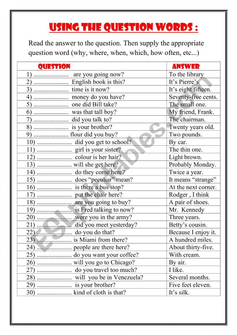 Question words worksheet