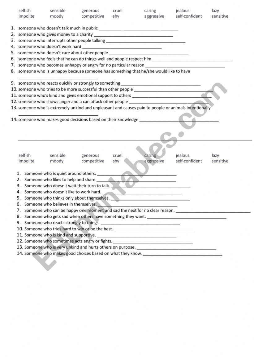 Personality adjectives - definitions