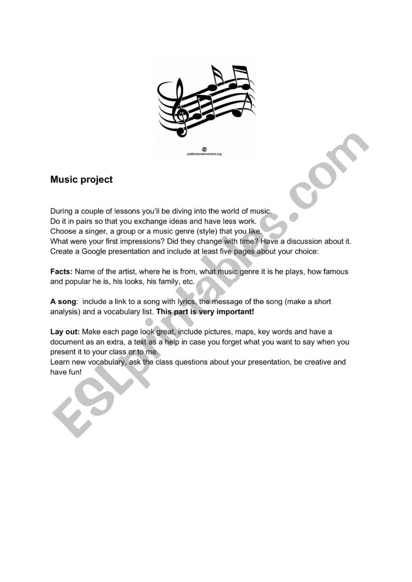 Music project worksheet