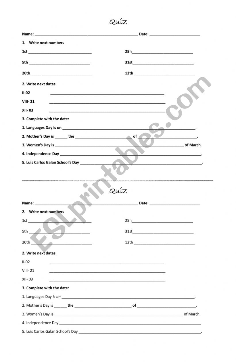 dates and ordinal numbers worksheet