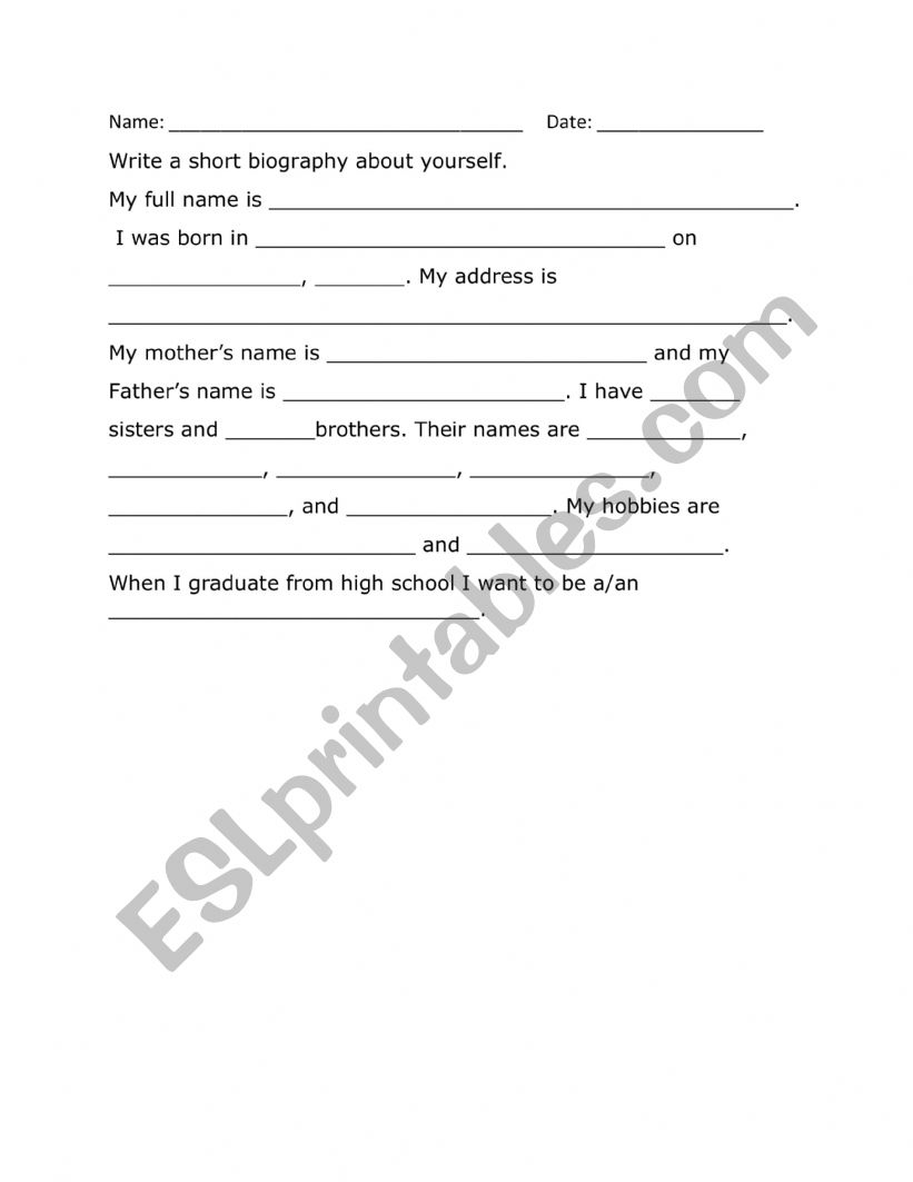 Biography Of Yourself worksheet