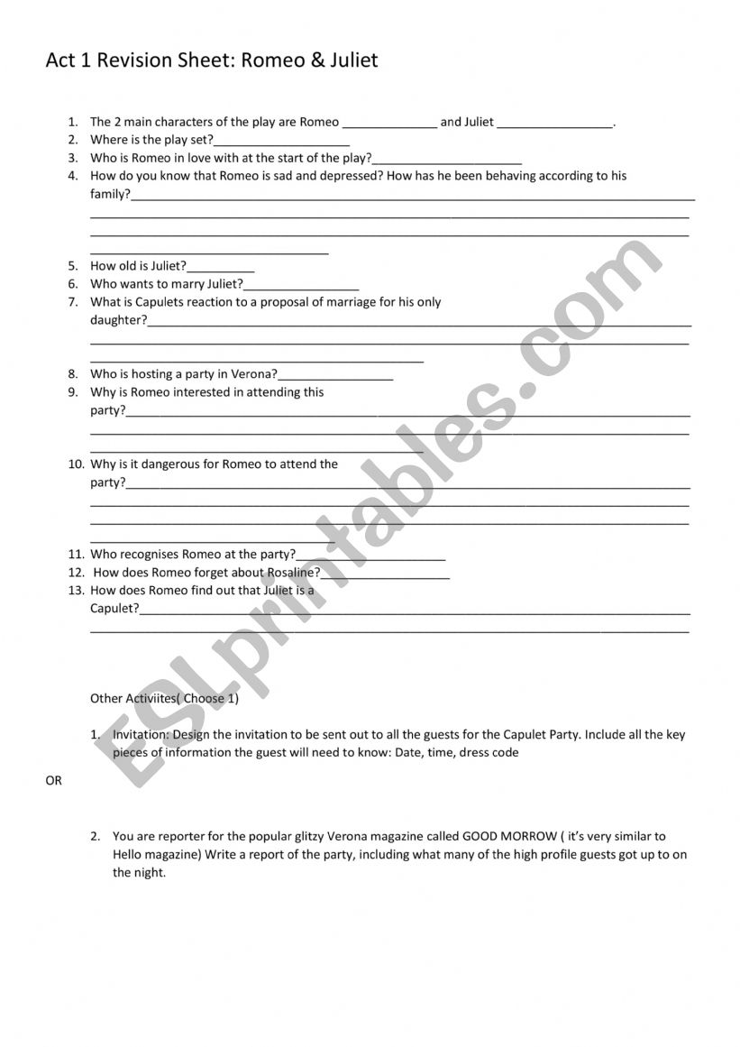 Romeo and Juliet Act 1 worksheet