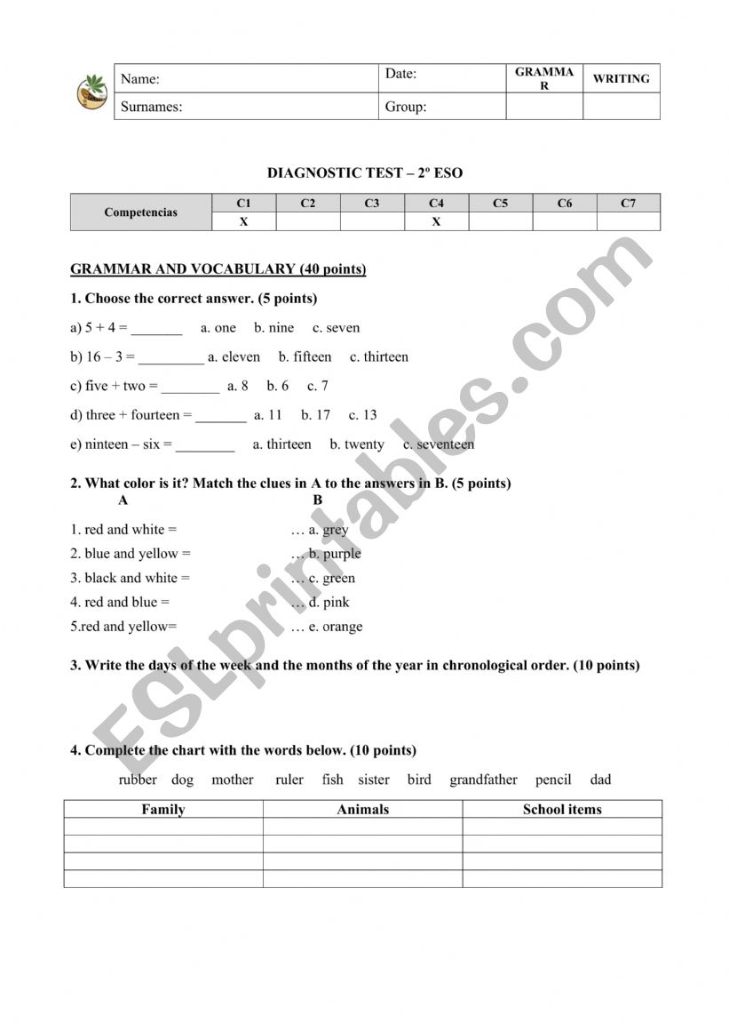 Diagnostic test 2eso worksheet