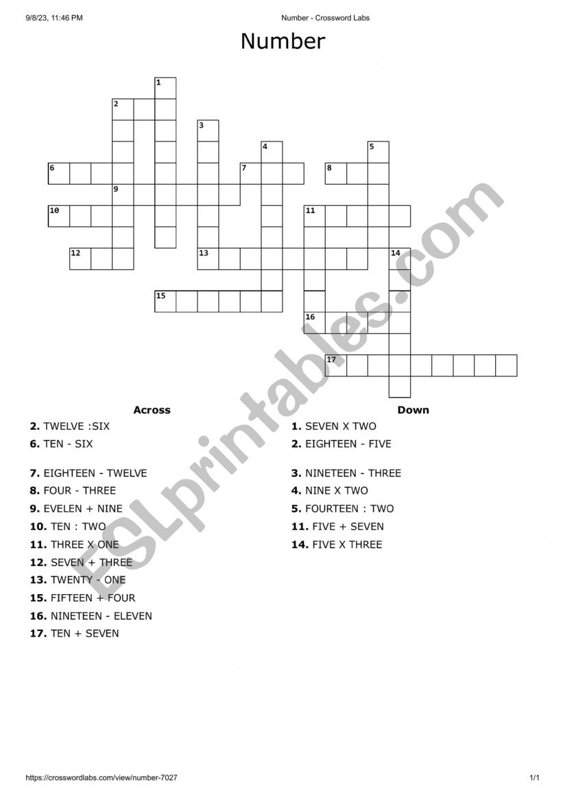 Number - Crossword Labs 1-20 worksheet