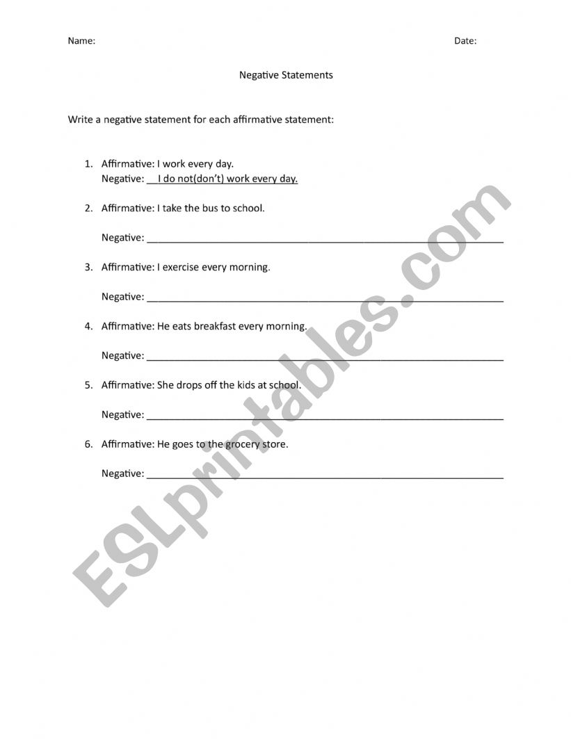 Simple Negative Statement Worksheet