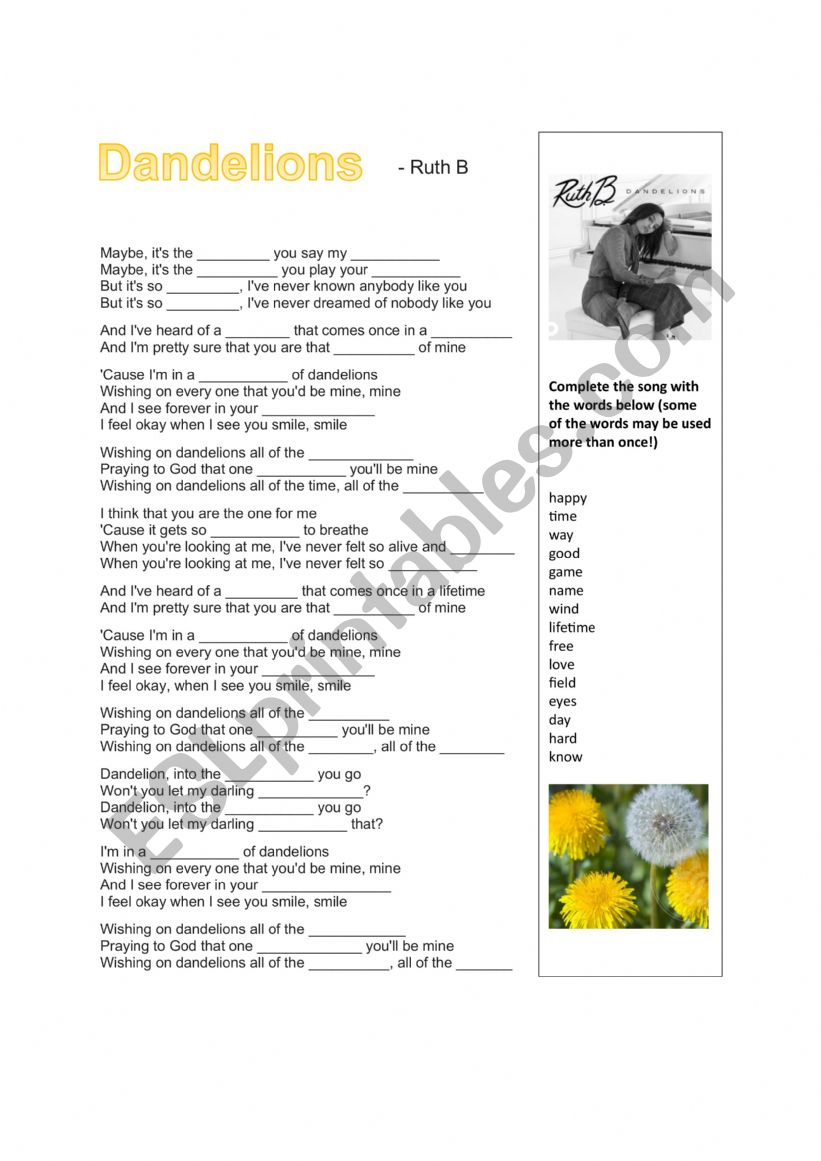 Dandelions song by Ruth B - ESL worksheet by tomsmom