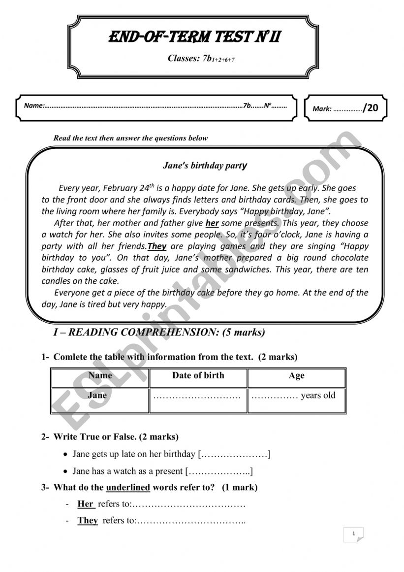 end of term test 7 formers worksheet