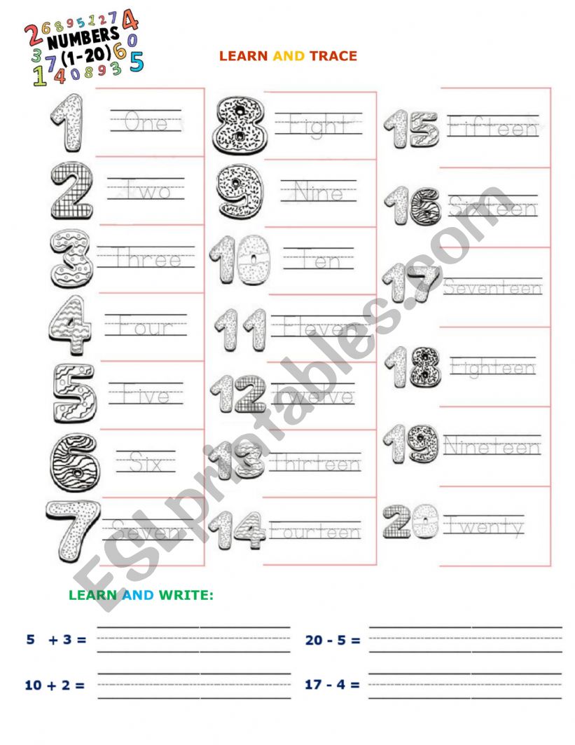 Learn and trace numbers 1-20 worksheet