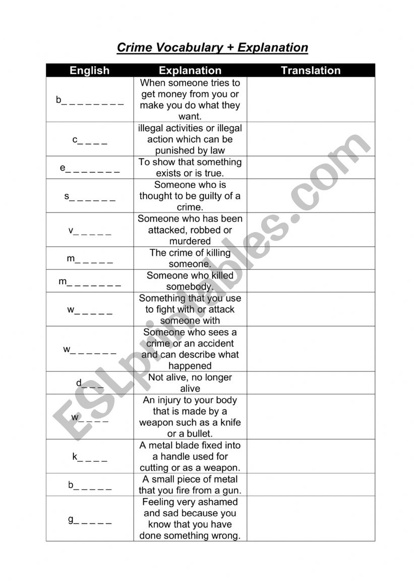 Crime vocabulary worksheet