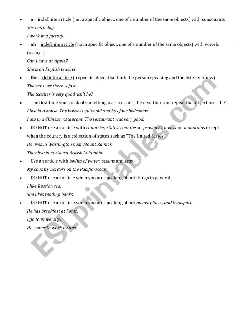 articles worksheet