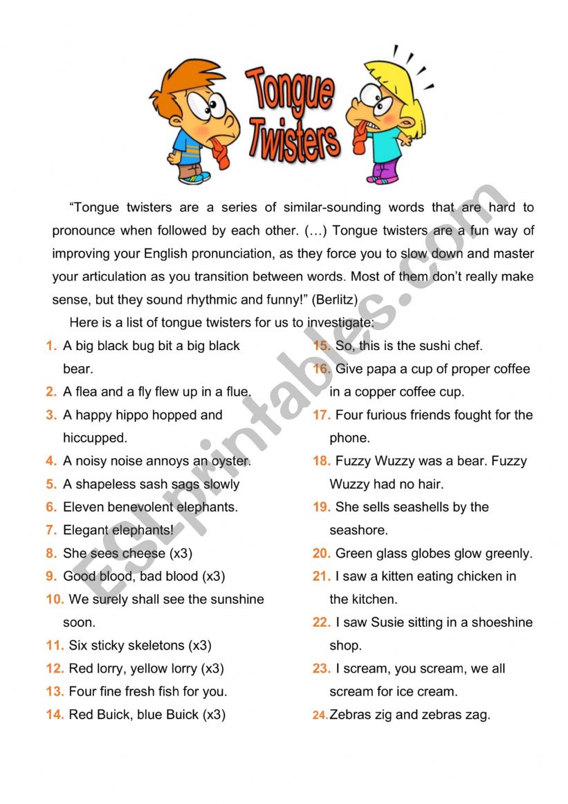 Tongue twister challenge worksheet