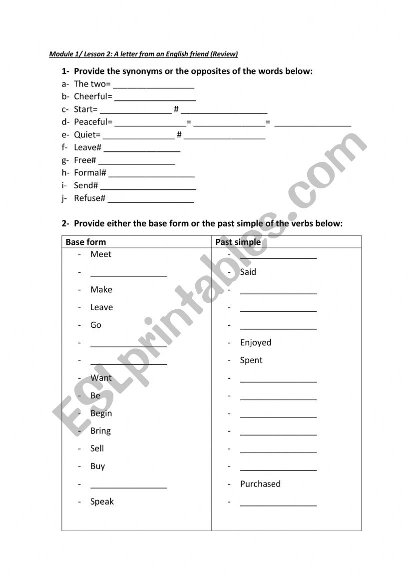 Moodule 1 Lesson 2 review 8th form Tunisian programme 