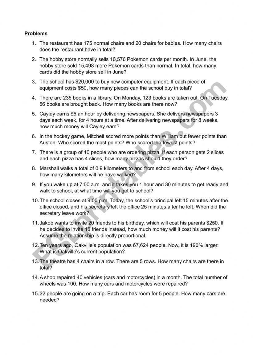 Maths problems worksheet