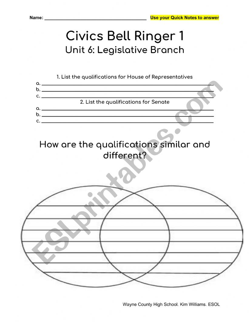 Civics Bell Ringers worksheet