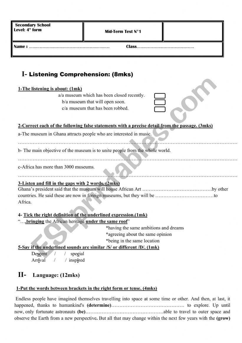 4th form mid term test n1 worksheet