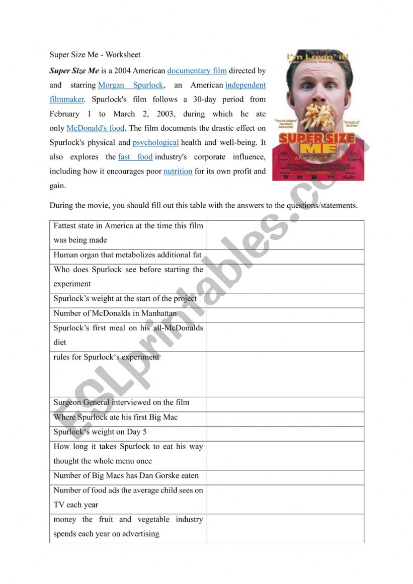 SuperSizeMe - Worksheet to be completed during the movie