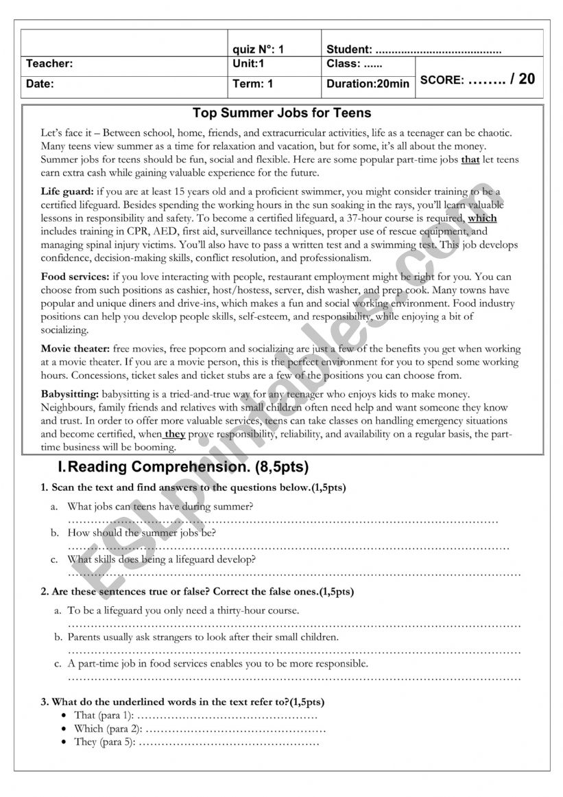 reading and vocabulary quiz worksheet
