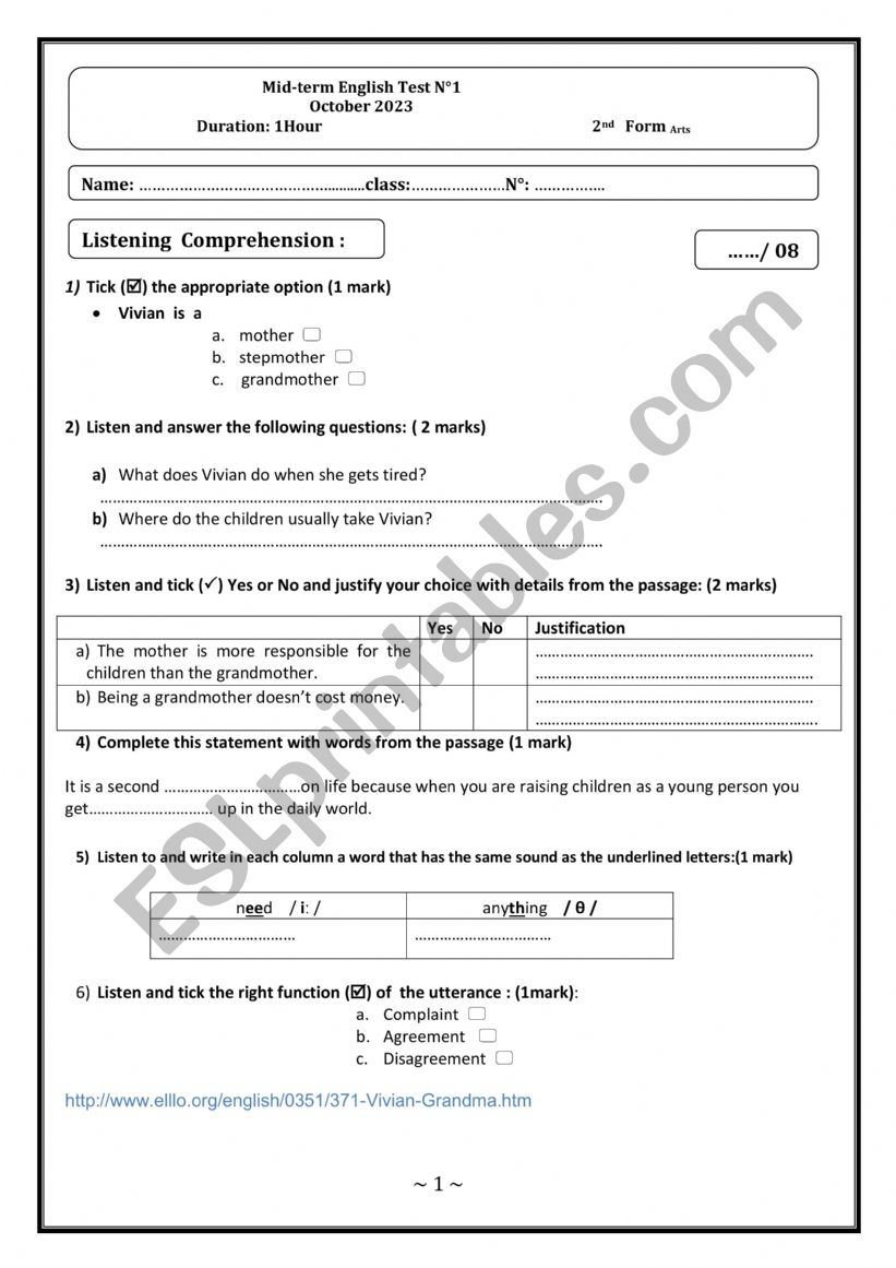 Mid- term test N°2 for 2nd form Arts stream - ESL worksheet by youda