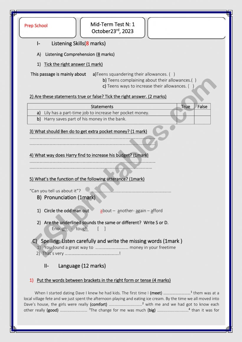 Mid -term test 1   9th grade worksheet