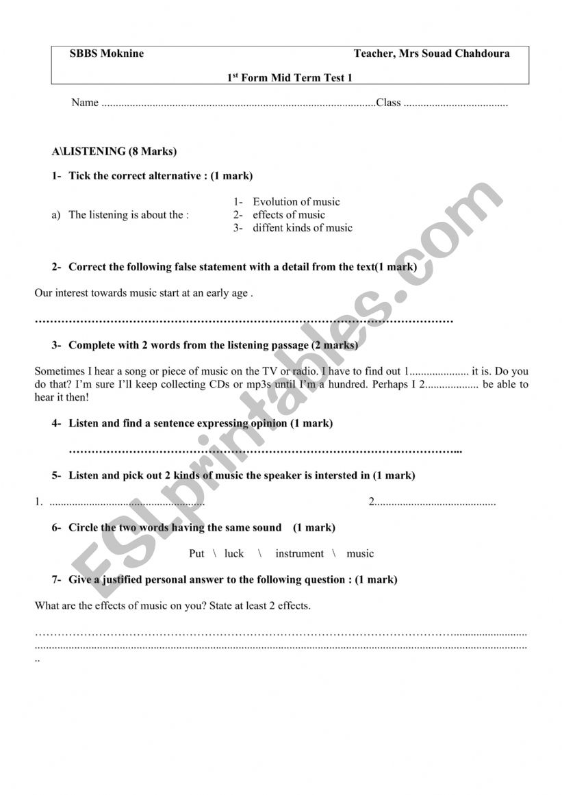 MID TERM 1 TEST     FIRST FORM   TUNISIAN PROG