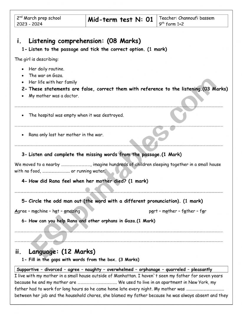 Mid-tem test1 worksheet