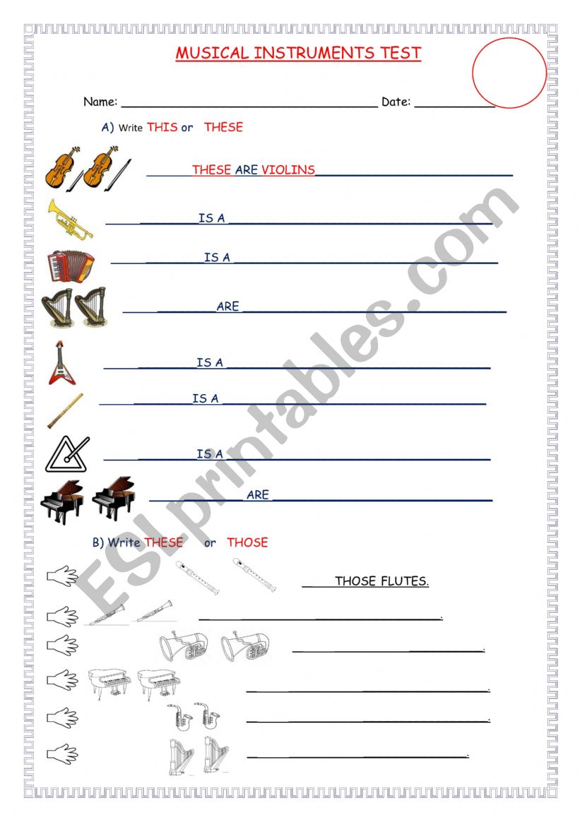 MUSICAL INSTRUMENTS TEST VERBS CAN AND WANT