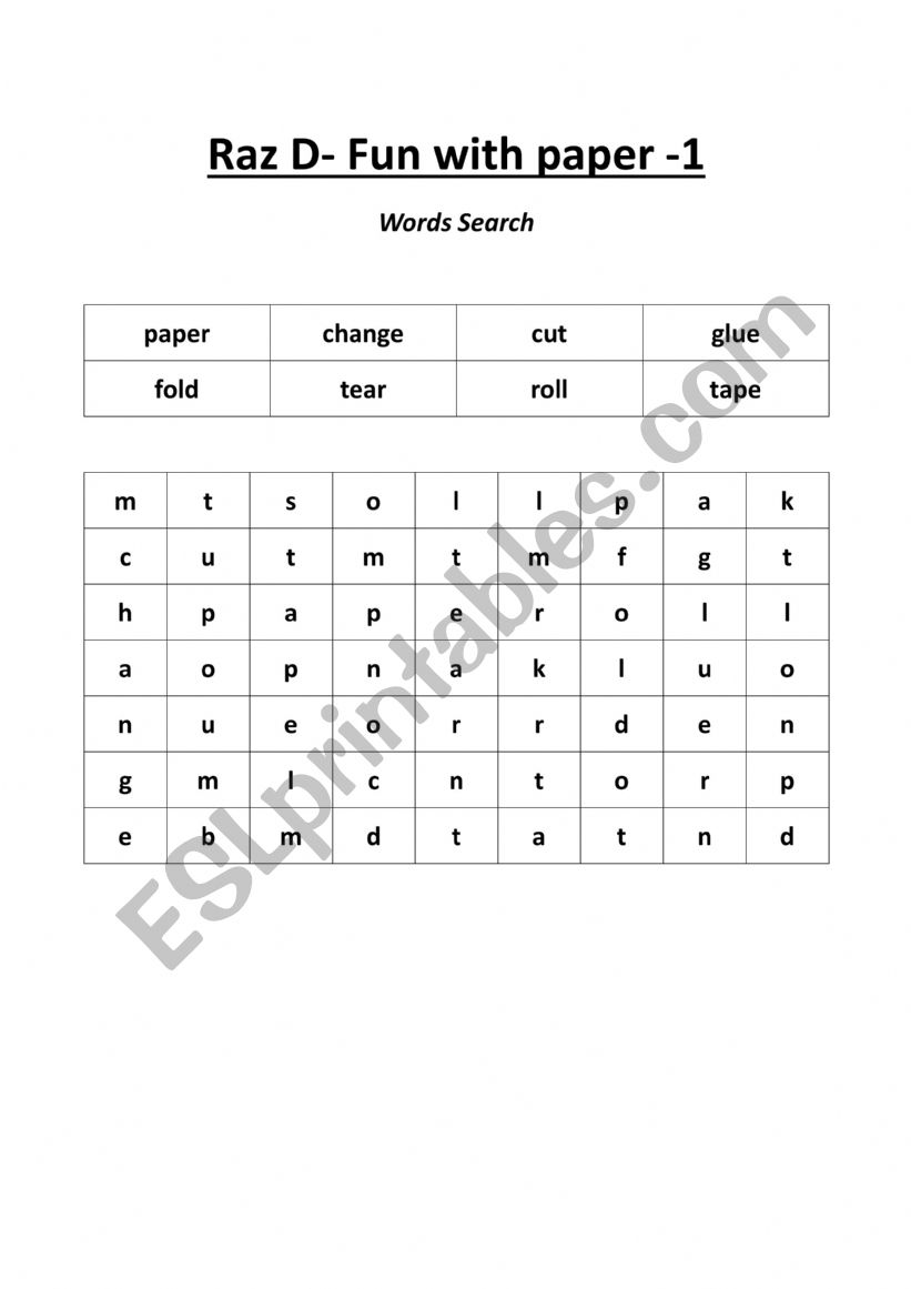 Fun with paper word search worksheet