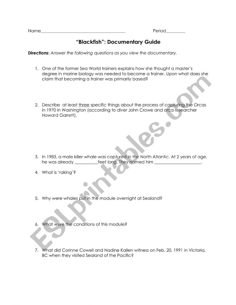 Blackfish Questions worksheet