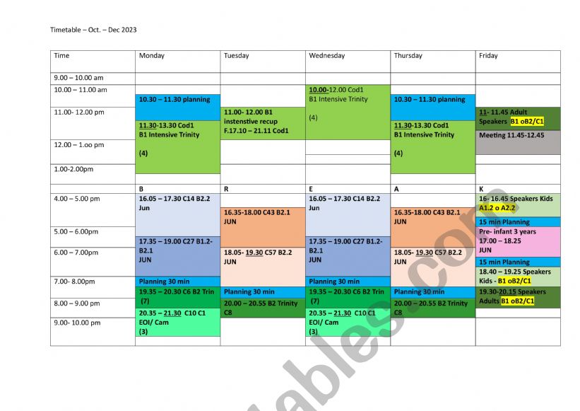 Sample TIMETABLE  worksheet