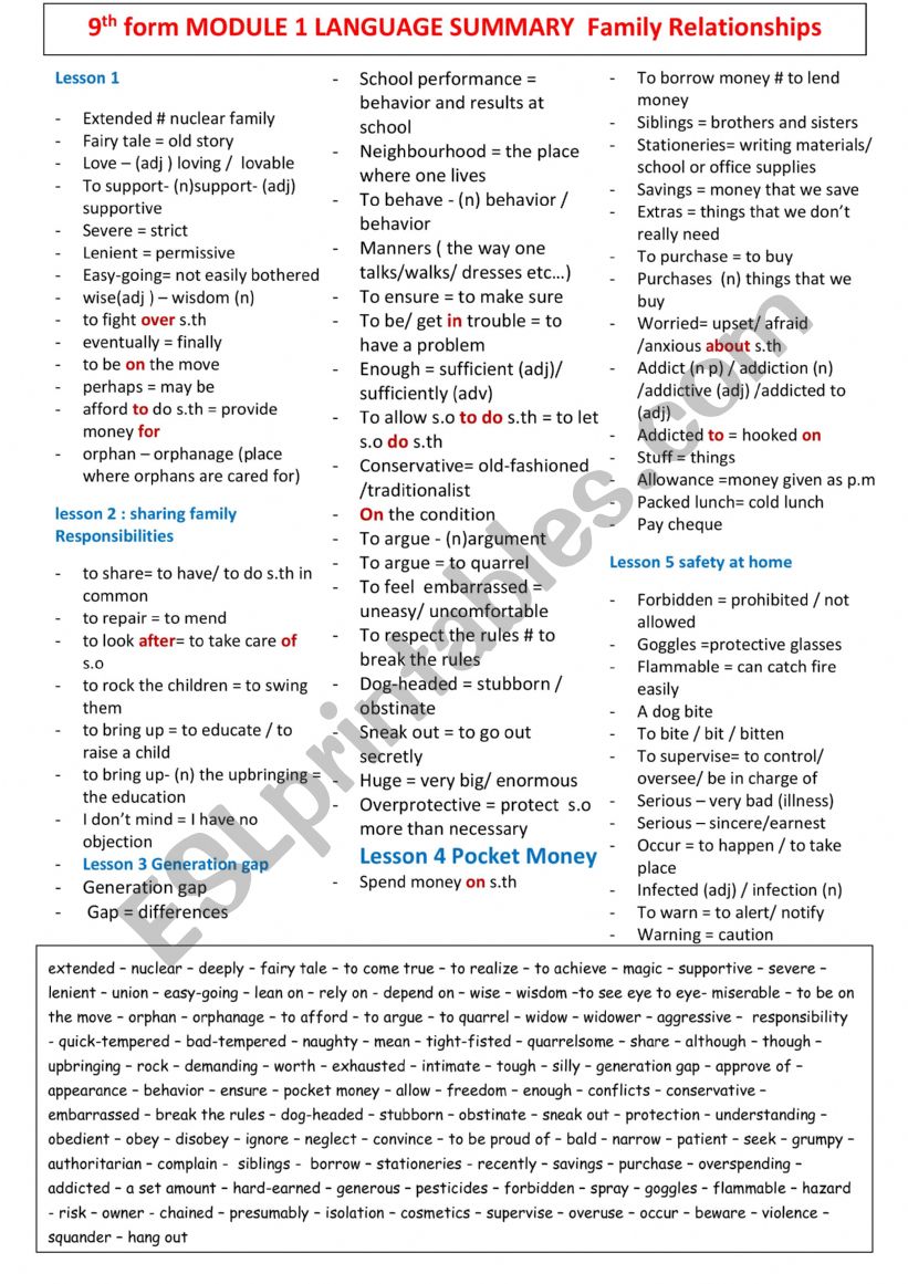 Module 1 vocab summary worksheet