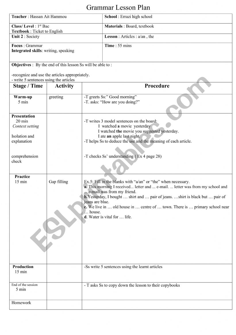 Articles worksheet