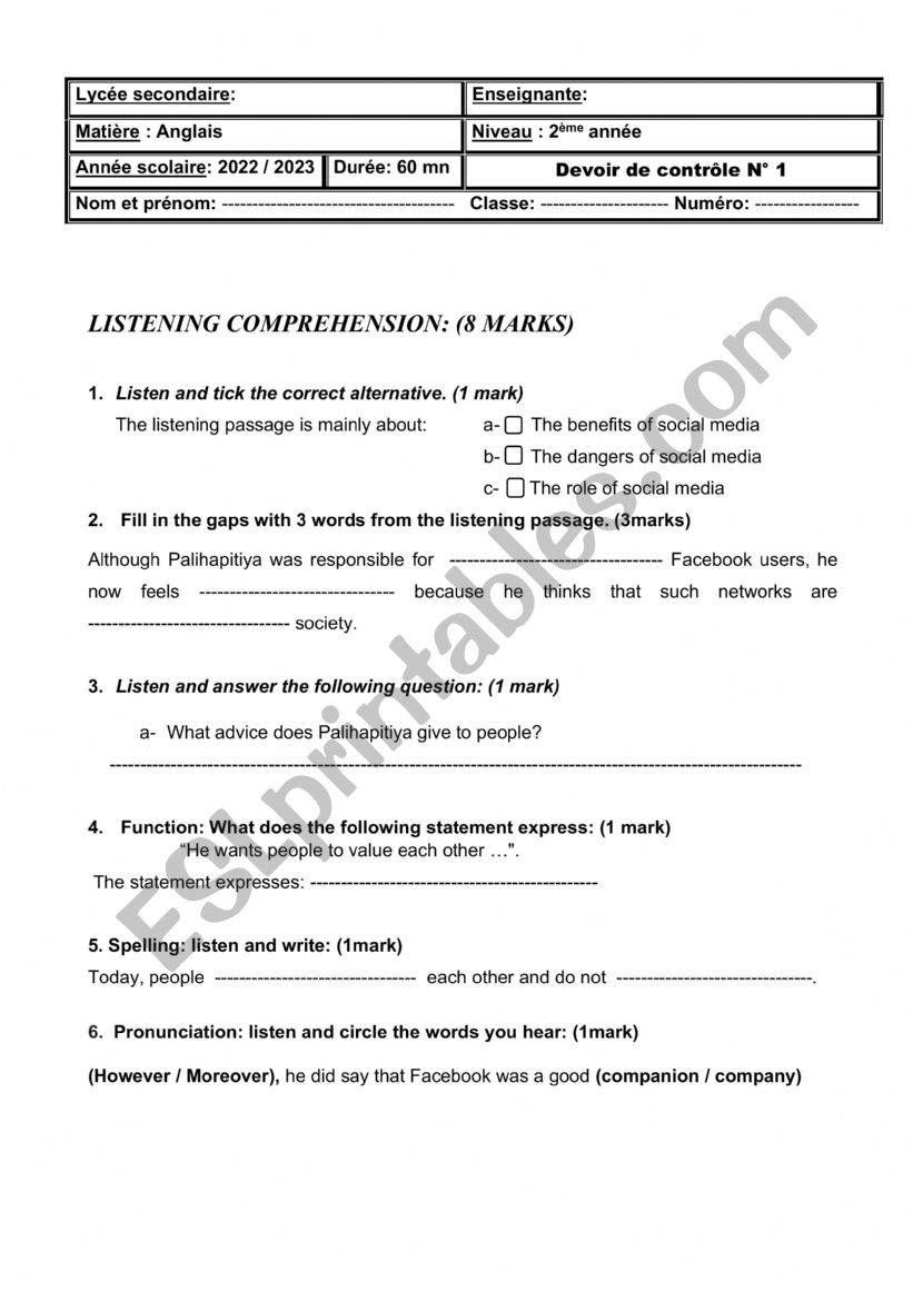 mid term  1 test second form worksheet