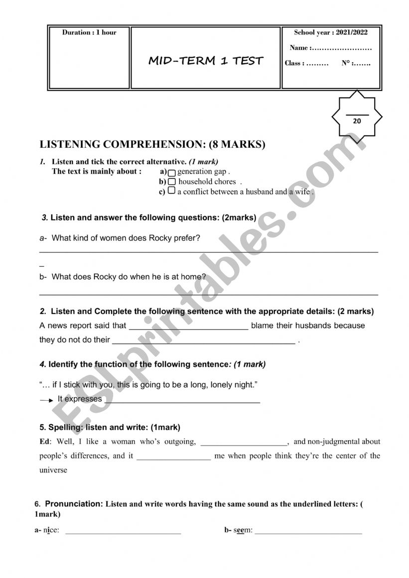 MID TERM 1 TEST THIRD FORM worksheet