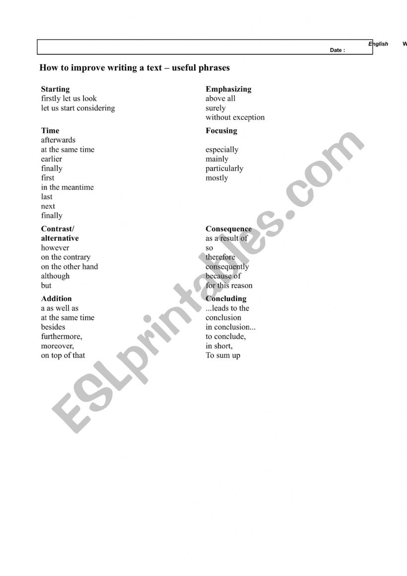 phrases writing texts worksheet