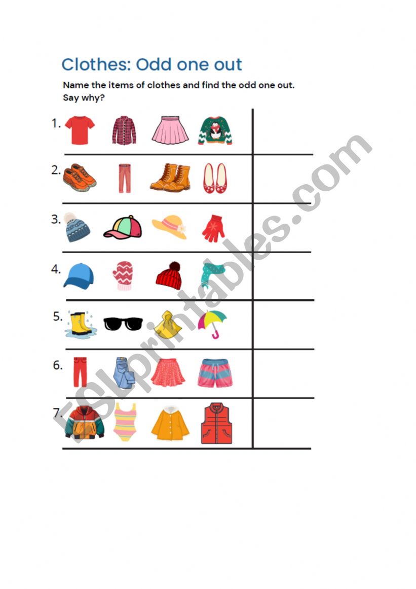 Clothes: Odd one out worksheet